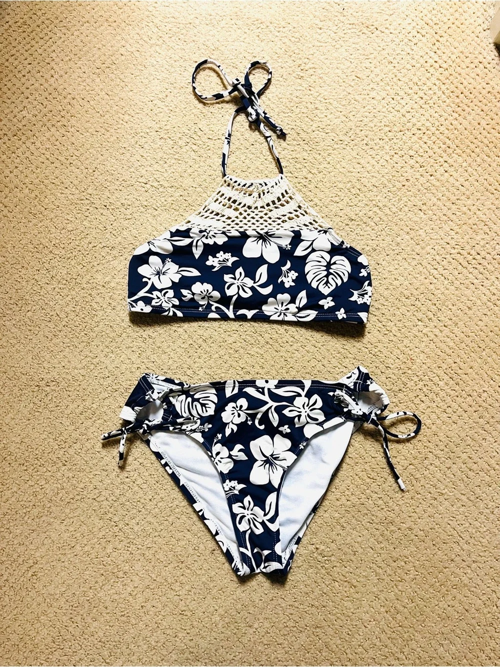 Hobie Navy and White Floral Halter Bikini Girls size 10